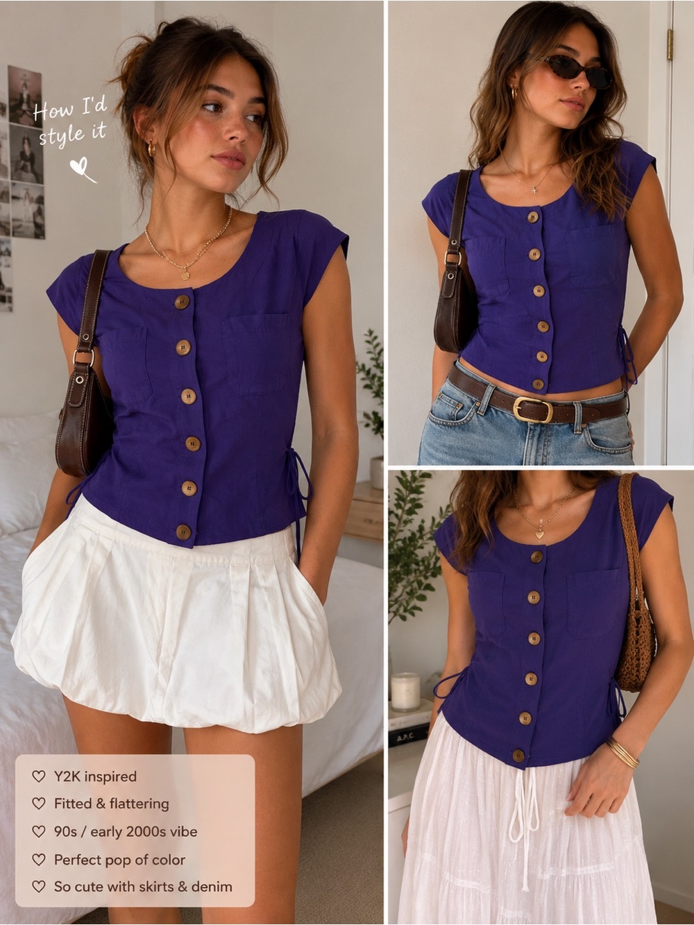 Ashley Brooke Purple Cotton Blend Button Front Top | Y2K Fitted Blouse | size M